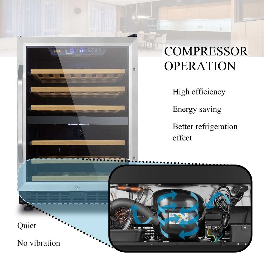 LANBO Dual Zone Wine Refrigerator, 46 Bottle Builtin Compressor Wine Cooler, Black with